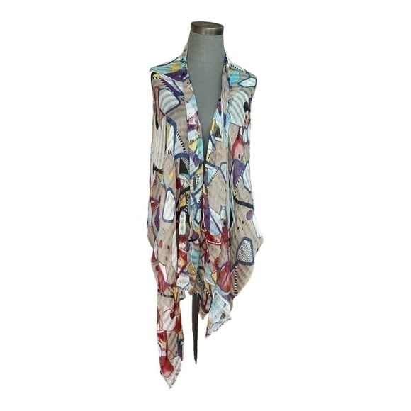 Women Fringe Scarf PASSIGATTI Italy Multicolored Abstract Print Shawl Mesh Wrap - Picture 5 of 8